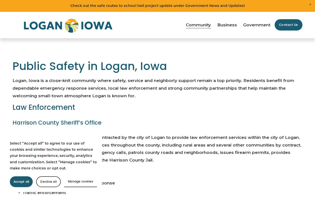 Logan Iowa public safety page explaining contracted Harrison County Sheriff law enforcement