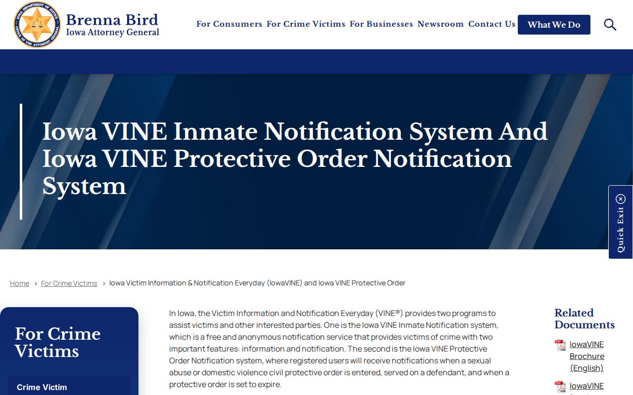 Iowa Attorney General IowaVINE custody alert information for Harrison County