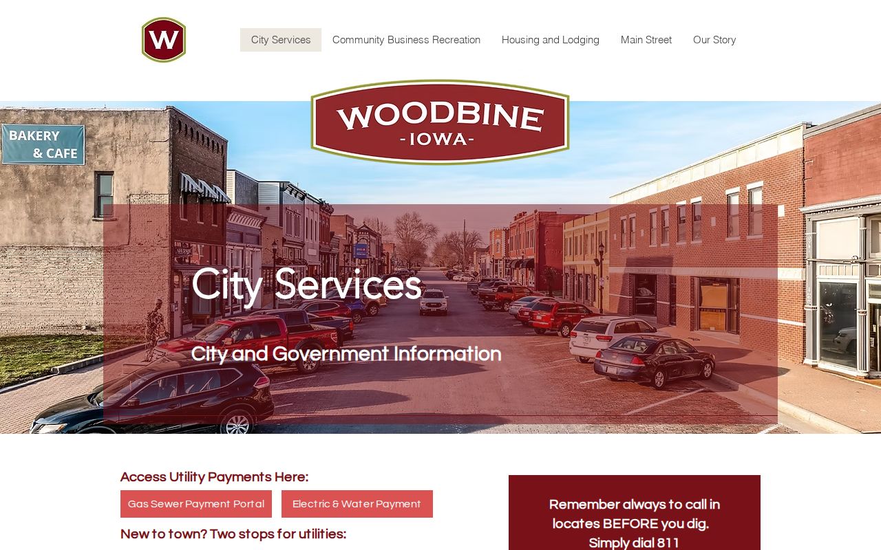 Woodbine Iowa city services page with police department contact and Police Reports link