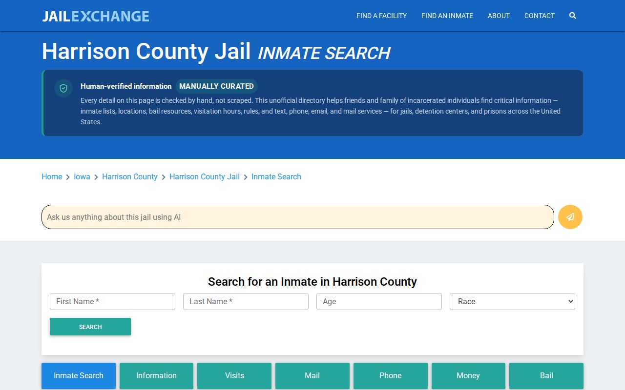 Unofficial Harrison County Jail Exchange page with conflicting local contact details