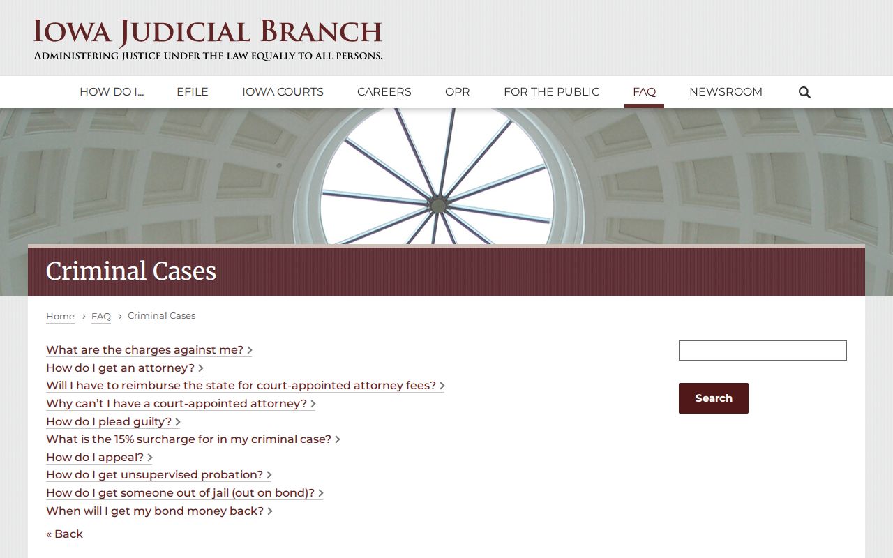 Iowa Judicial Branch criminal cases guidance for charges and court searches